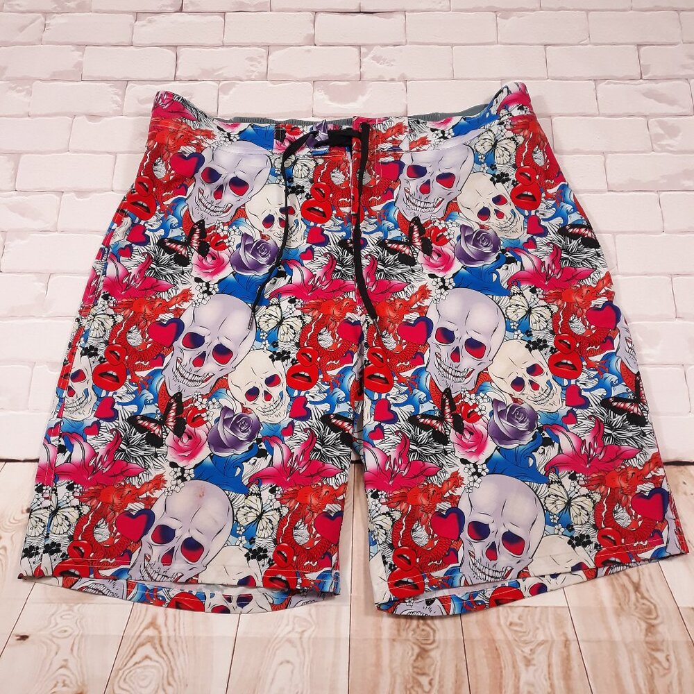Hreski Swim Trunks Water‎ Beach Shorts Mens Size 40 Skull Rose Grunge Red Blue